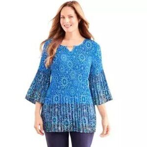 Catherines Top Womens 2X 22/24W Blue Purple Accordian Pleats Lightweight V Neck